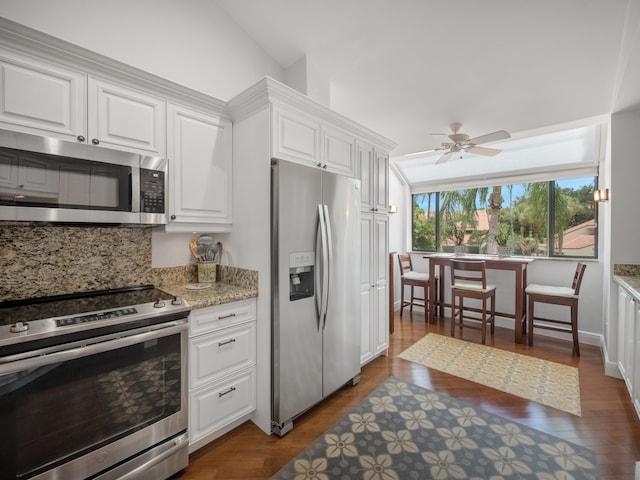 kitchen with light stone countertops, white cabinetry, ceiling fan, appliances with stainless steel finishes, and dark hardwood / wood-style flooring