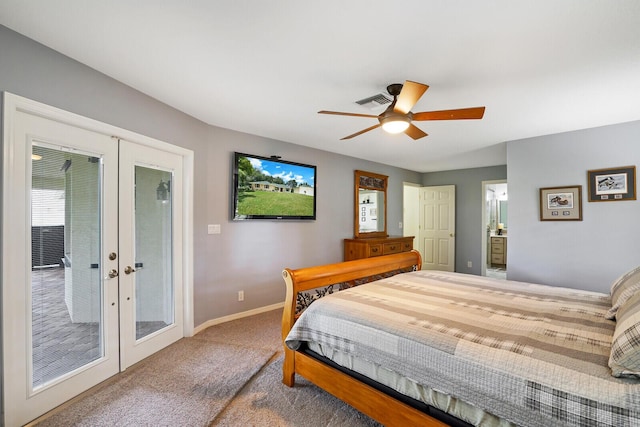 carpeted bedroom with french doors, access to outside, ceiling fan, and connected bathroom