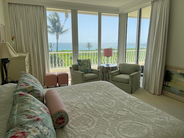 bedroom featuring light carpet, a water view, and ornamental molding