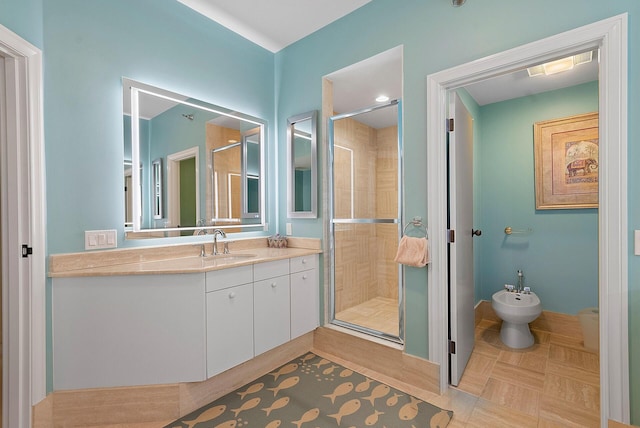 bathroom featuring a bidet, walk in shower, and oversized vanity