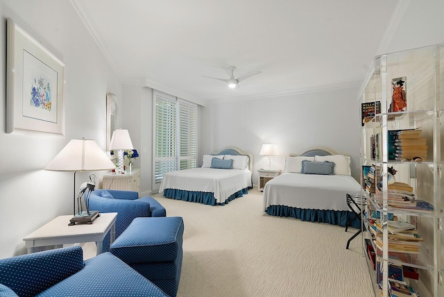 bedroom featuring light carpet, crown molding, and ceiling fan