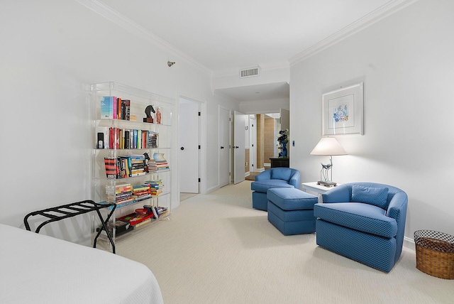 interior space featuring crown molding and light colored carpet