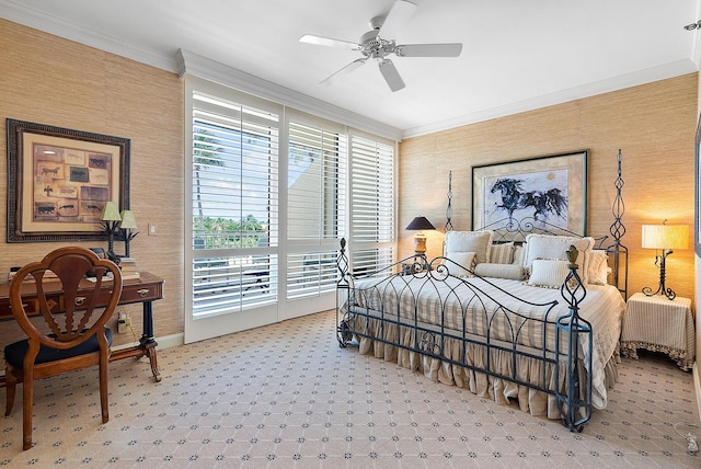 carpeted bedroom featuring ceiling fan and ornamental molding