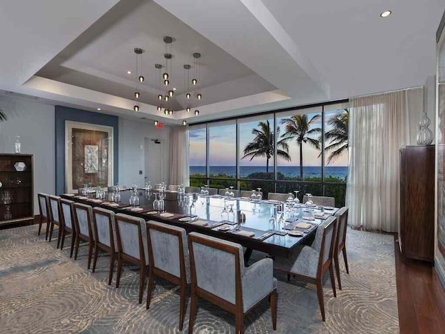 dining space with a tray ceiling and dark wood-type flooring