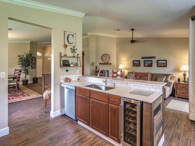 kitchen featuring stainless steel dishwasher, wine cooler, dark wood-type flooring, and sink