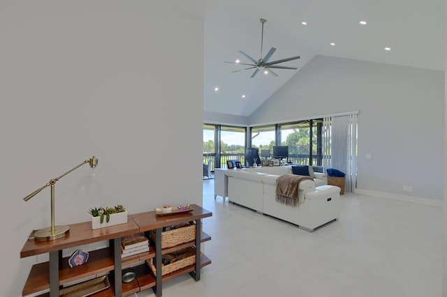 living room with high vaulted ceiling, light tile flooring, and ceiling fan