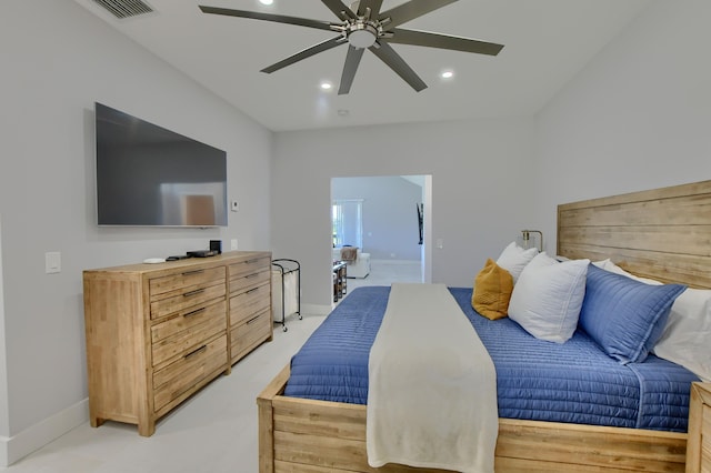 bedroom with light carpet and ceiling fan