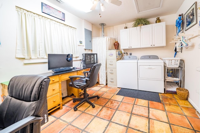 home office with light tile floors, ceiling fan, and independent washer and dryer