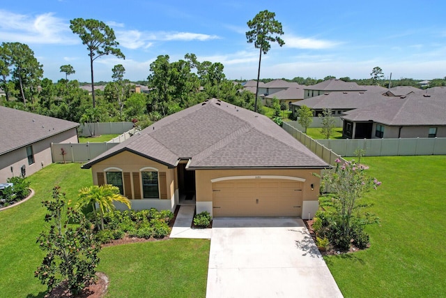 single story home with a front yard and a garage