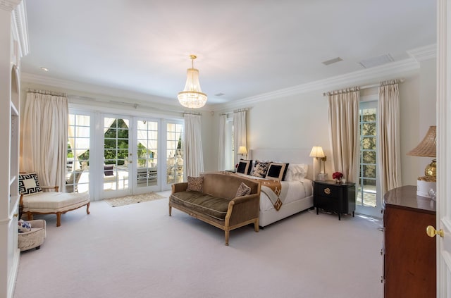 carpeted bedroom with an inviting chandelier, crown molding, and access to exterior