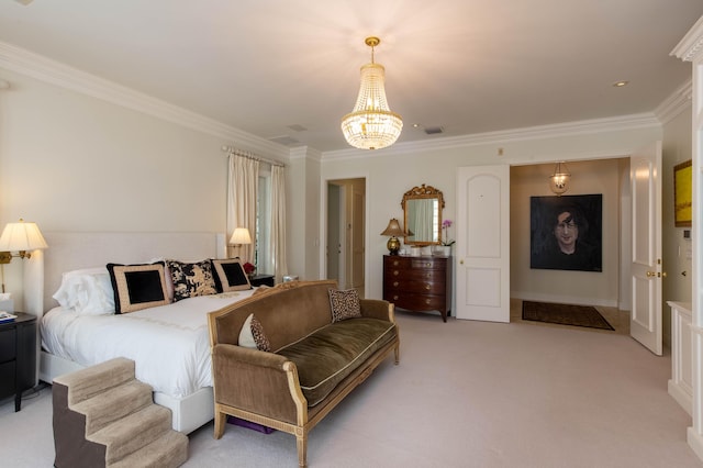 bedroom with light carpet, ornamental molding, and an inviting chandelier