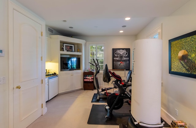 workout area with light carpet