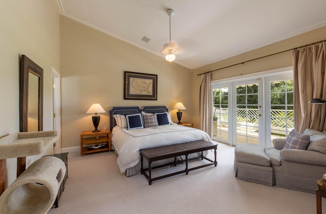 bedroom with light carpet, ceiling fan, access to outside, and lofted ceiling