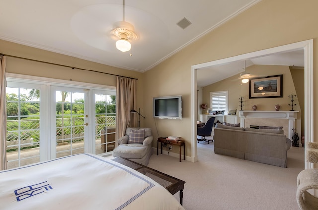 bedroom with light colored carpet, ceiling fan, access to exterior, crown molding, and vaulted ceiling