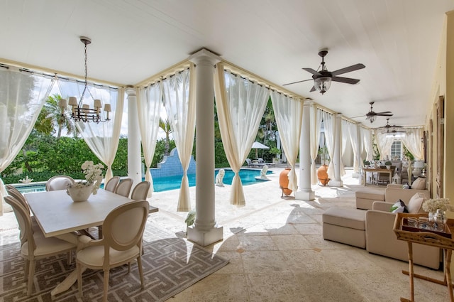 interior space with outdoor lounge area and ceiling fan