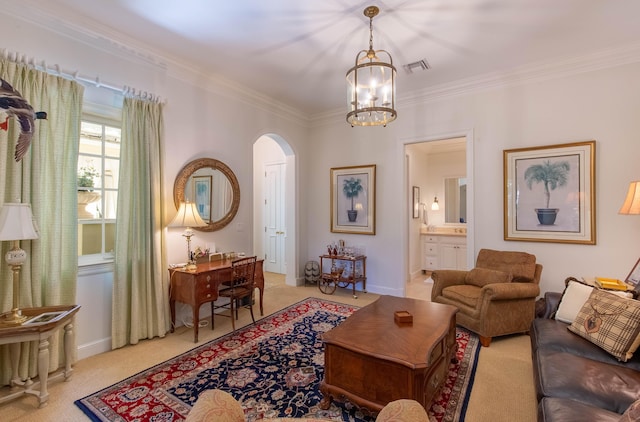 carpeted living room featuring a chandelier and crown molding