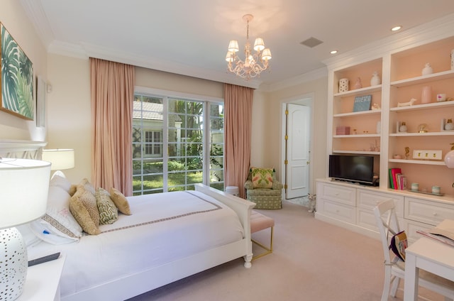 carpeted bedroom featuring an inviting chandelier and crown molding