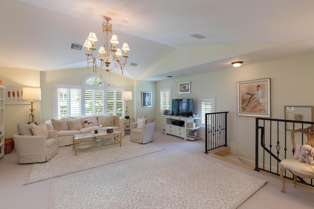 living room featuring light colored carpet, vaulted ceiling, and a notable chandelier