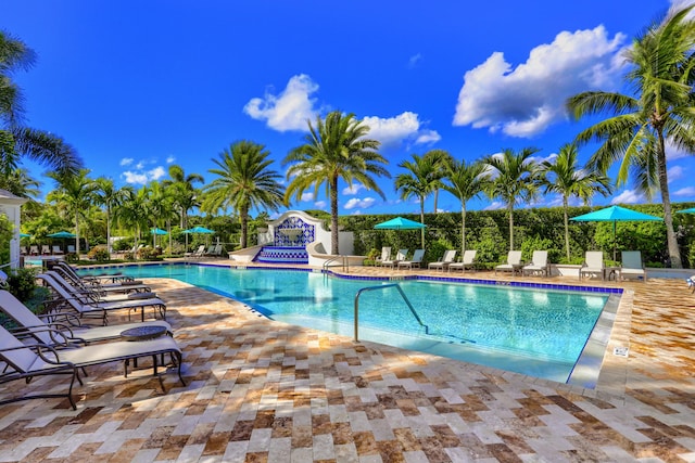 view of swimming pool with a patio area