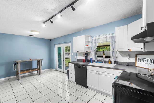 kitchen with french doors, sink, dishwasher, a textured ceiling, and white cabinetry