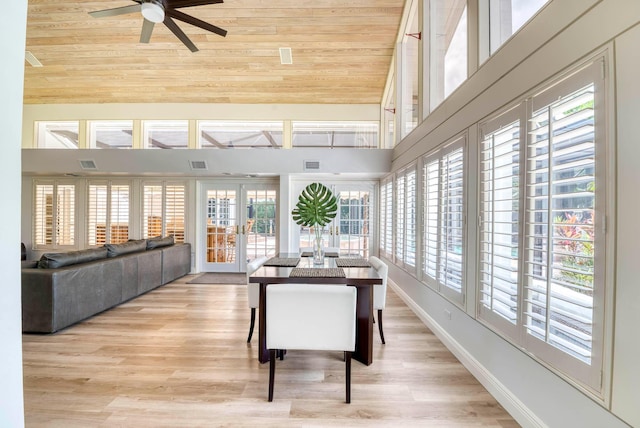 dining area with french doors, a wealth of natural light, ceiling fan, and wooden ceiling