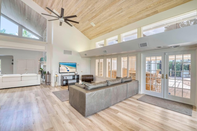 living room featuring high vaulted ceiling, french doors, ceiling fan, light hardwood / wood-style floors, and wood ceiling