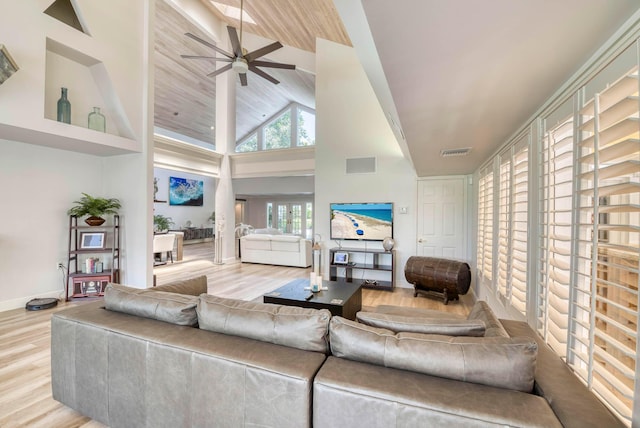 living room featuring ceiling fan, light hardwood / wood-style floors, wood ceiling, and high vaulted ceiling