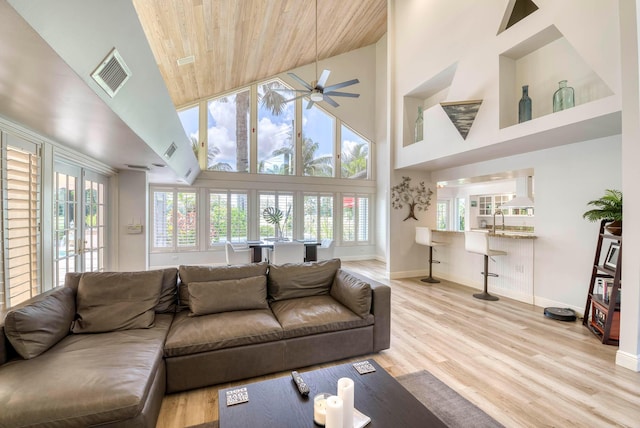 living room with plenty of natural light, wood ceiling, a high ceiling, and light wood-type flooring