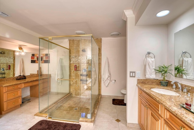 bathroom with tile patterned floors, an enclosed shower, toilet, vanity, and ornamental molding