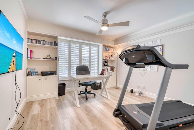 workout area with light hardwood / wood-style flooring, ceiling fan, and crown molding