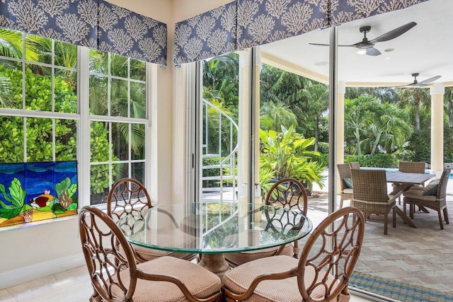 interior space featuring ceiling fan