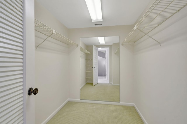 spacious closet featuring light colored carpet