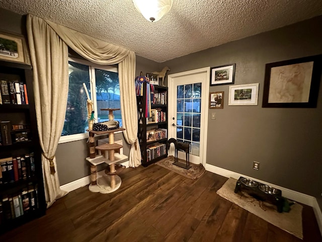 misc room featuring a textured ceiling and dark hardwood / wood-style floors