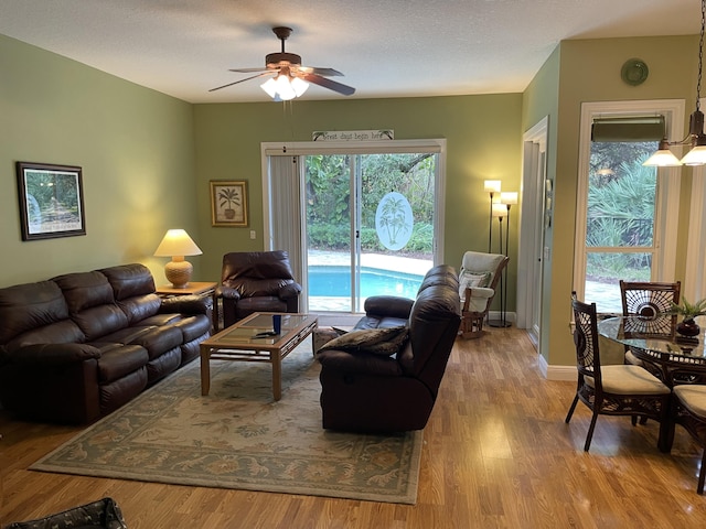 living room featuring a textured ceiling, ceiling fan, and light hardwood / wood-style flooring