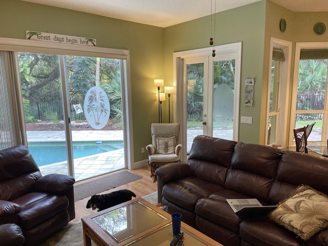 living room with french doors and wood-type flooring