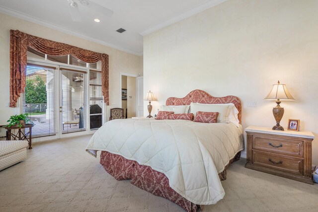 carpeted bedroom featuring ceiling fan, ornamental molding, and access to exterior