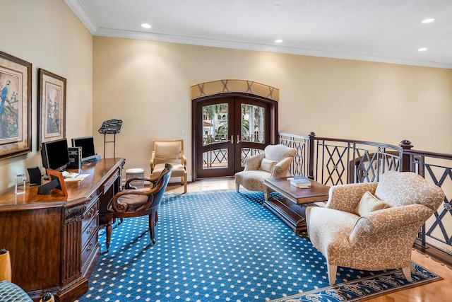 office space with french doors, hardwood / wood-style flooring, and crown molding