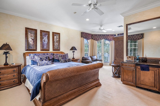 bedroom with ceiling fan, crown molding, access to exterior, and light carpet