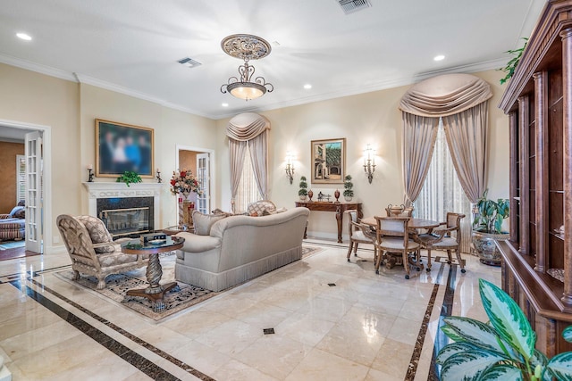 living room with ornamental molding and a high end fireplace