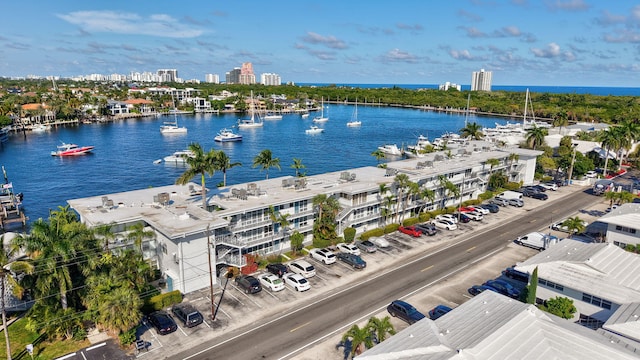 drone / aerial view with a water view