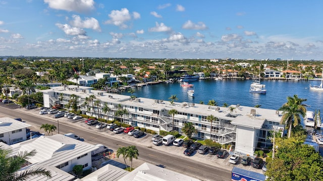 bird's eye view with a water view