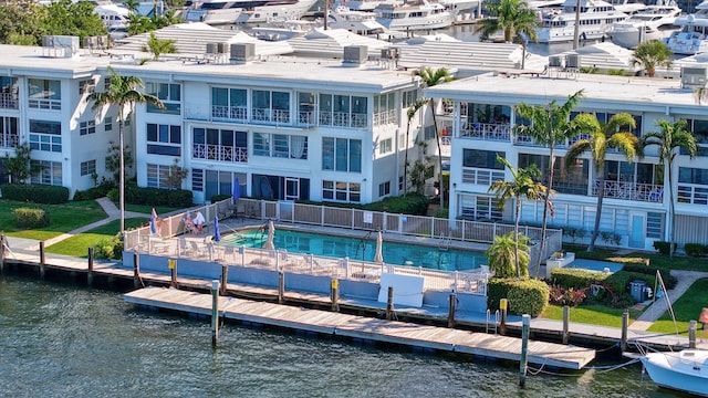 view of pool featuring a water view and a boat dock