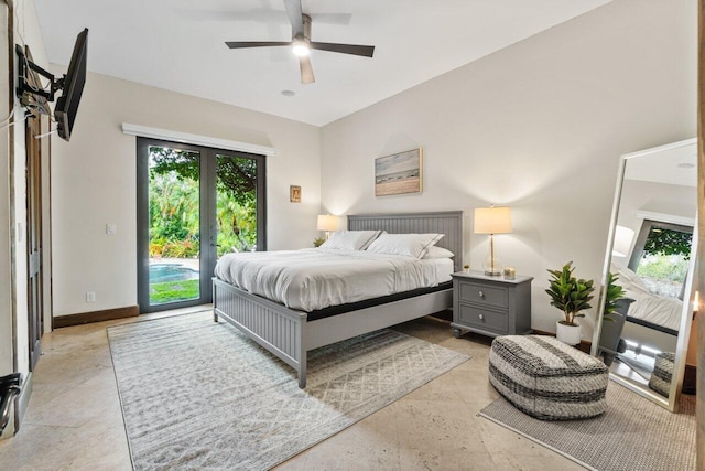 tiled bedroom featuring french doors, ceiling fan, and access to outside