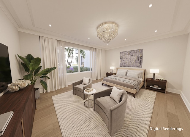 bedroom with crown molding, a notable chandelier, and light wood-type flooring