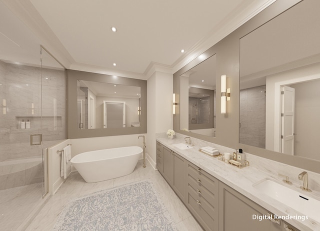 bathroom with crown molding, a washtub, double sink vanity, and tile flooring