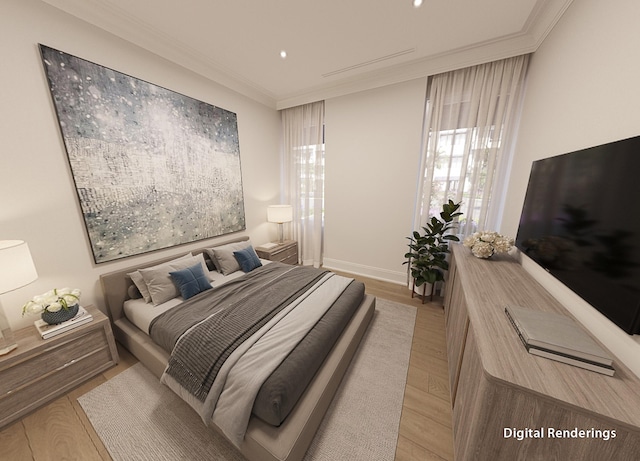 bedroom featuring ornamental molding and light wood-type flooring