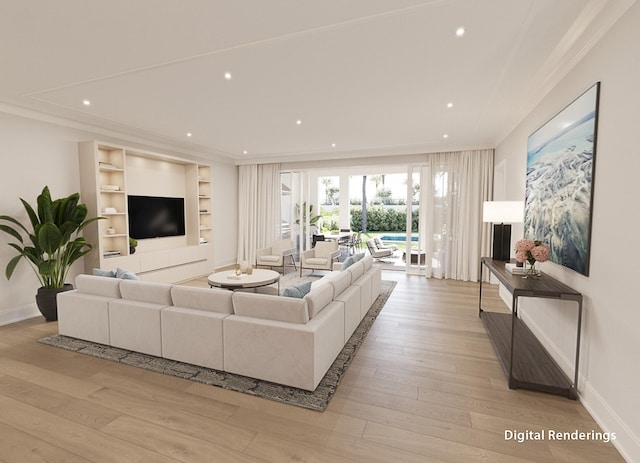 living room with crown molding, built in shelves, and light wood-type flooring