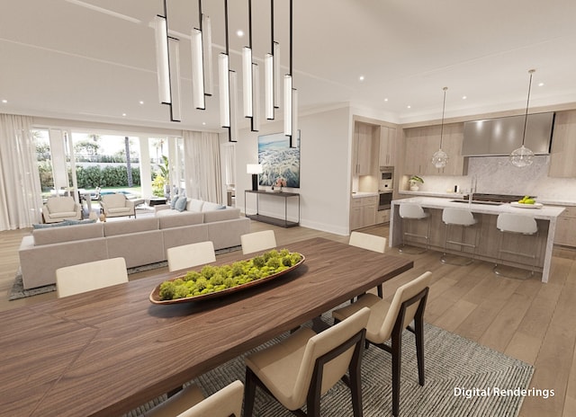 dining area with sink and light hardwood / wood-style flooring