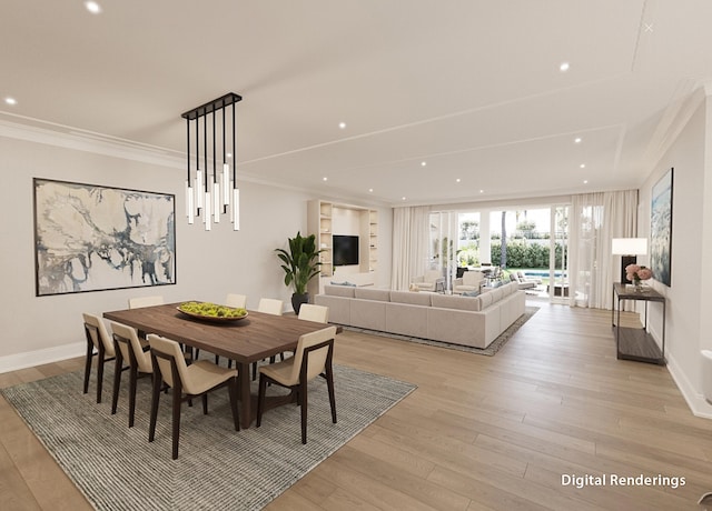 dining space featuring ornamental molding and light hardwood / wood-style flooring