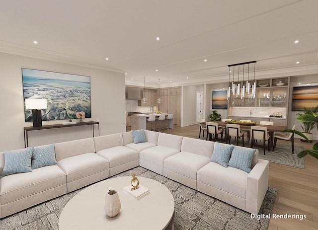 living room with crown molding and light hardwood / wood-style flooring